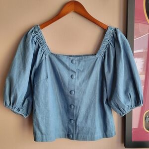 LUCY PARIS Puff Sleeve Denim Shirt Blue Small Lined Buttons 3/4 Sleeve Elastic